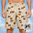 Man wearing Men's Lantern Laughs Custom Cat Face Beach Shorts — custom faces printed all-over