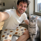 Selfie with the pet whose face is printed all over this Men's Lantern Laughs Custom Cat Face Beach Shorts