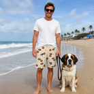 Full-length photo with the pet printed all over this Men's Lantern Laughs Custom Dog Face Beach Shorts