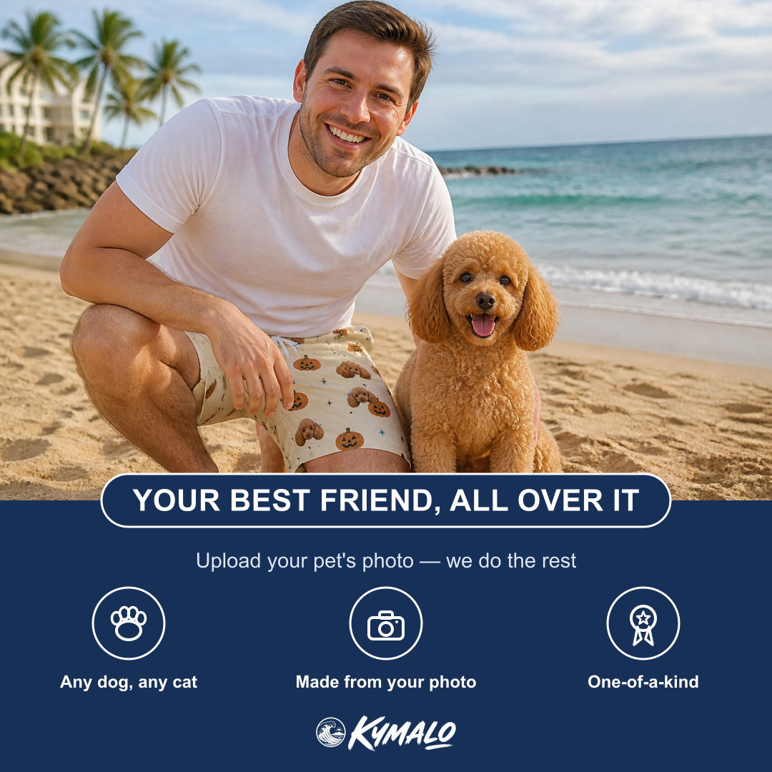 Friends in matching Men's Lantern Laughs Custom Dog Face Beach Shorts — a group gift photo