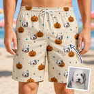 Man wearing Men's Lantern Laughs Custom Dog Face Beach Shorts — custom faces printed all-over