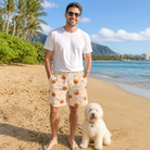 Full-length photo with the pet printed all over this Men's Lantern Laughs Custom Dog Face Beach Shorts