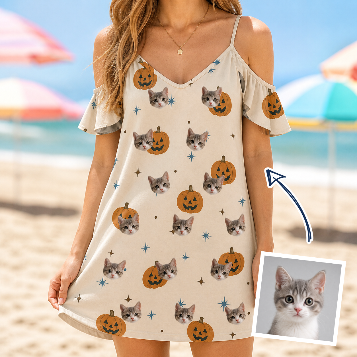 Woman wearing Women's Lantern Laughs Custom Cat Face Off-Shoulder Dress — custom faces printed all-over