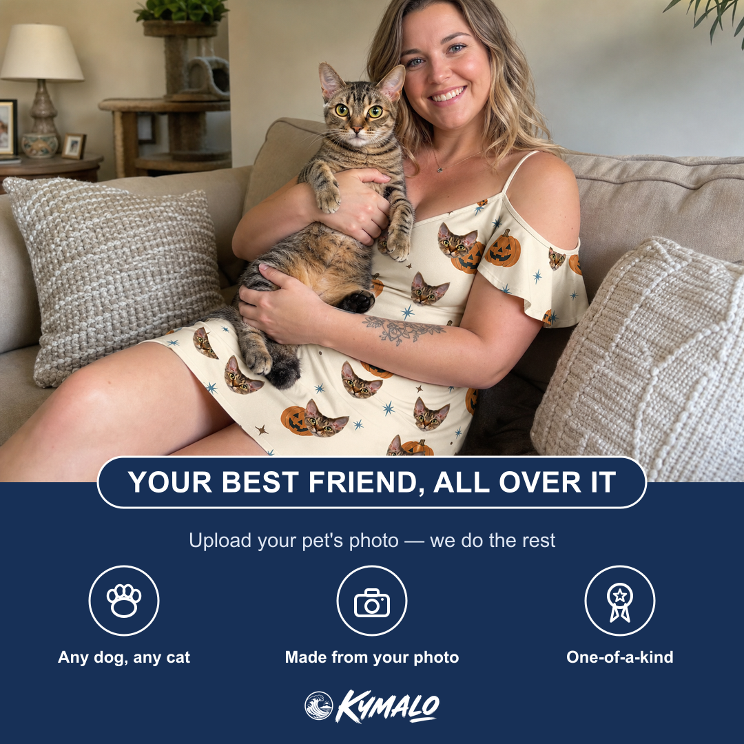 Friends in matching Women's Lantern Laughs Custom Cat Face Off-Shoulder Dress — a group gift photo