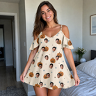 Real-life photo of someone wearing Women's Lantern Laughs Custom Face Off-Shoulder Dress — custom faces printed all-over