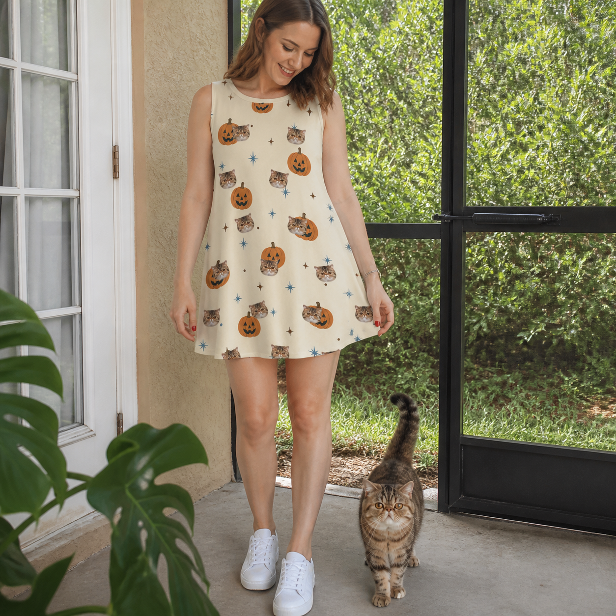 Full-length photo with the pet printed all over this Women's Lantern Laughs Custom Cat Face Tank Dress