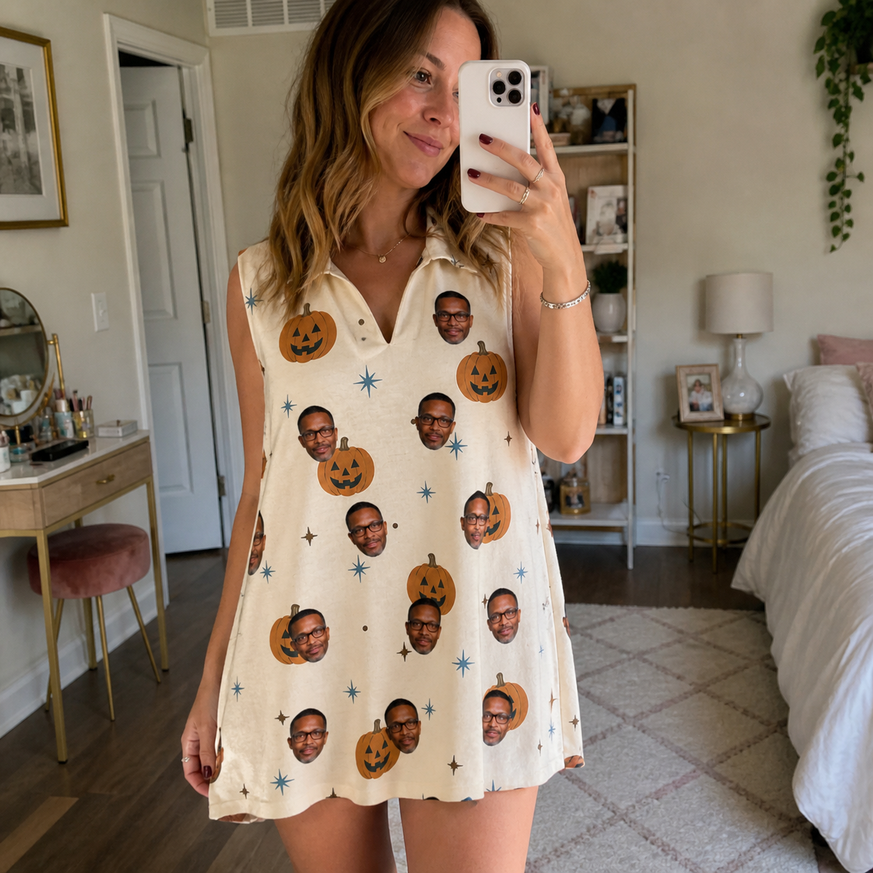 Real-life photo of someone wearing Women's Lantern Laughs Custom Face V-Neck Dress — custom faces printed all-over