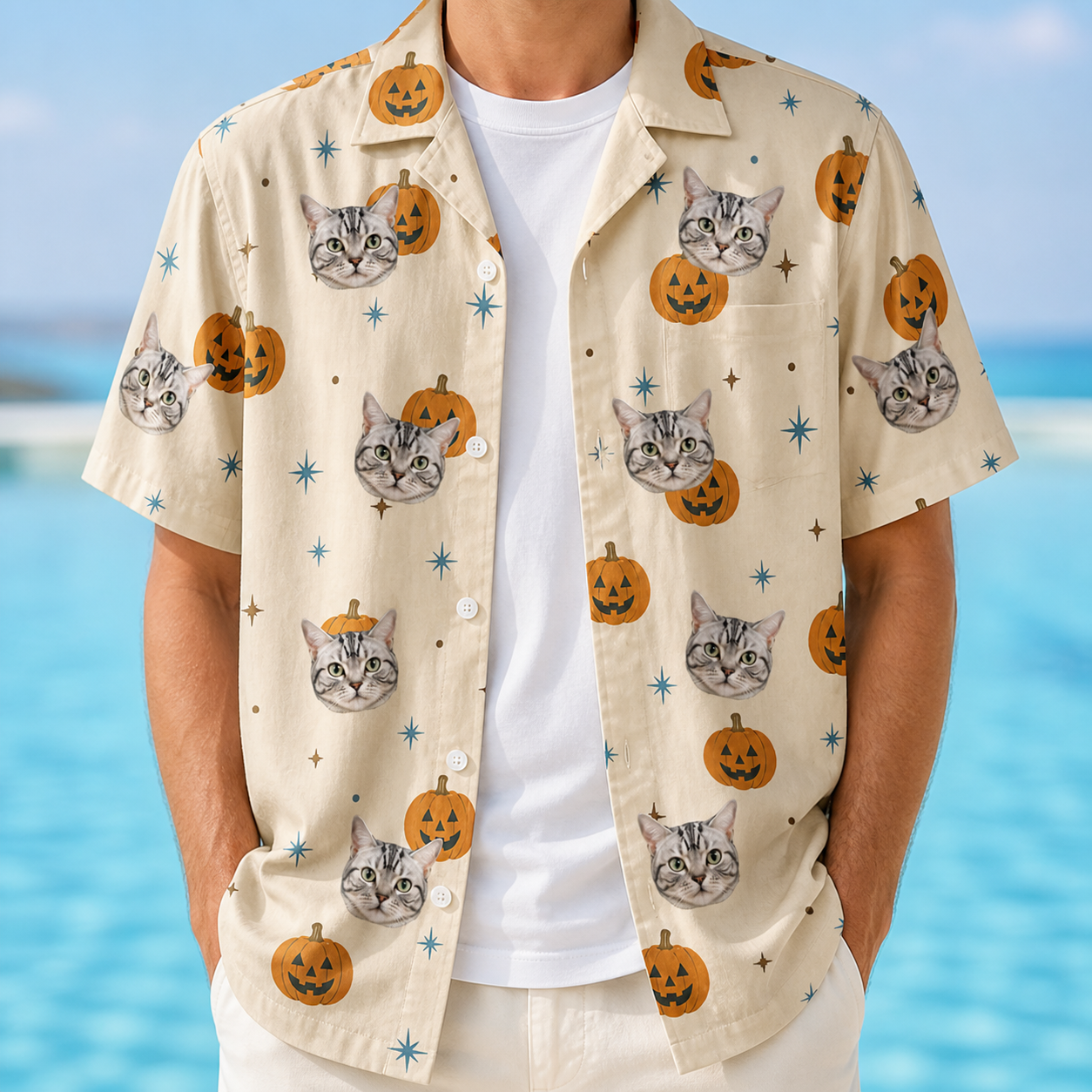 Man wearing Men's Lantern Laughs Custom Cat Face Hawaiian Shirt open over a white tee