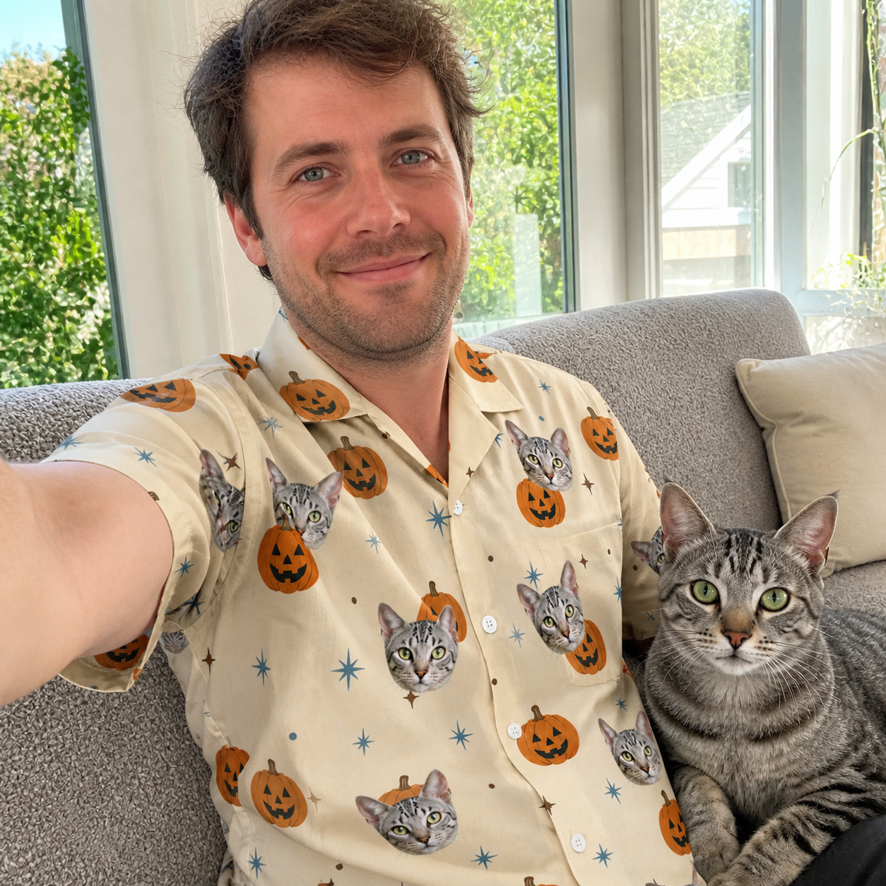Selfie with the pet whose face is printed all over this Men's Lantern Laughs Custom Cat Face Hawaiian Shirt