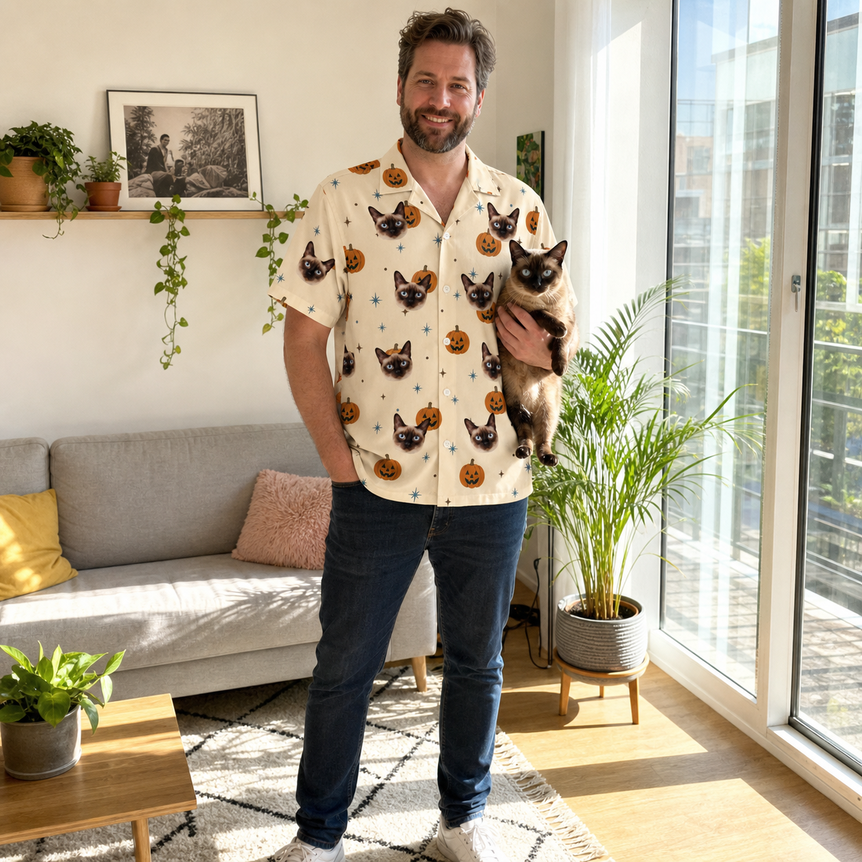Full-length photo with the pet printed all over this Men's Lantern Laughs Custom Cat Face Hawaiian Shirt