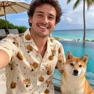 Selfie with the pet whose face is printed all over this Men's Lantern Laughs Custom Dog Face Hawaiian Shirt