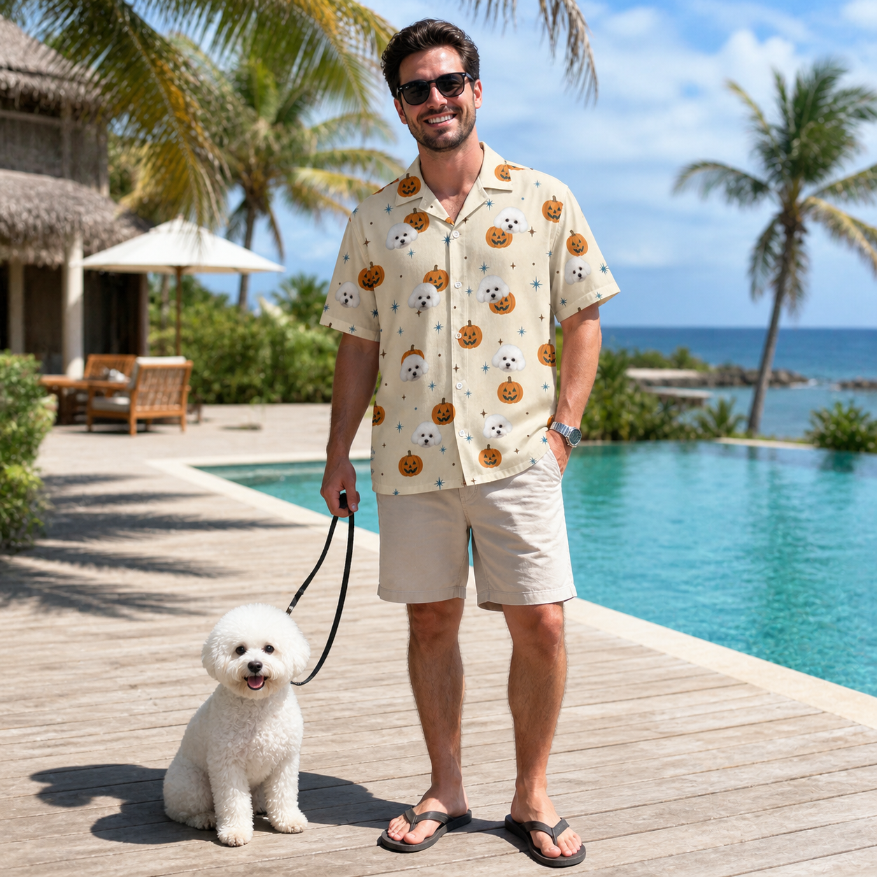 Full-length photo with the pet printed all over this Men's Lantern Laughs Custom Dog Face Hawaiian Shirt