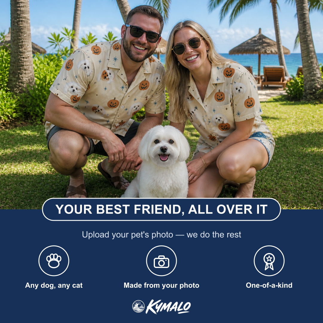 Friends in matching Men's Lantern Laughs Custom Dog Face Hawaiian Shirt — a group gift photo