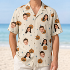 Model wearing Men's Lantern Laughs Custom Face Hawaiian Shirt printed with kids' faces