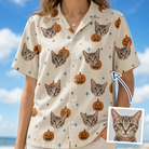 Woman wearing Women's Lantern Laughs Custom Cat Face Hawaiian Shirt — custom faces printed all-over