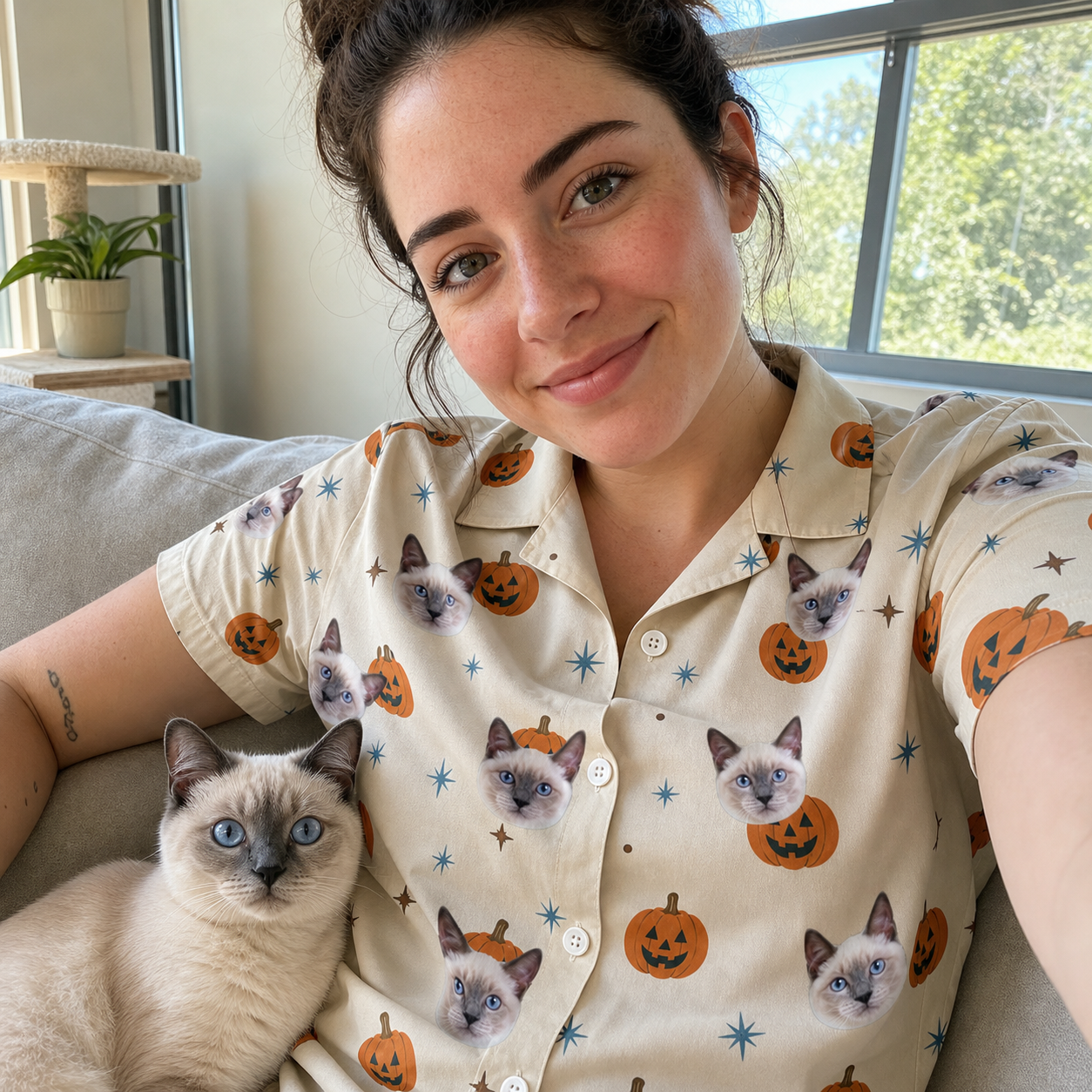Selfie with the pet whose face is printed all over this Women's Lantern Laughs Custom Cat Face Hawaiian Shirt