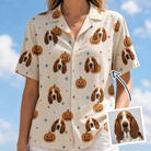 Woman wearing Women's Lantern Laughs Custom Dog Face Hawaiian Shirt — custom faces printed all-over