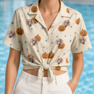 Woman wearing Women's Lantern Laughs Custom Dog Face Hawaiian Shirt tied at the waist