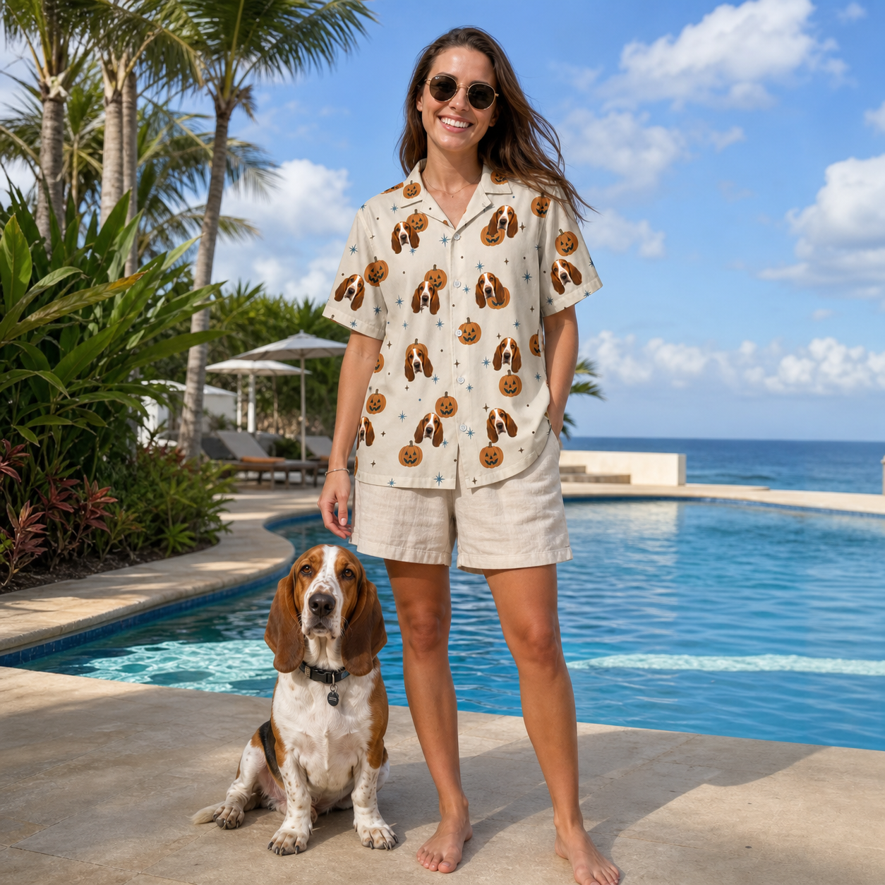 Full-length photo with the pet printed all over this Women's Lantern Laughs Custom Dog Face Hawaiian Shirt
