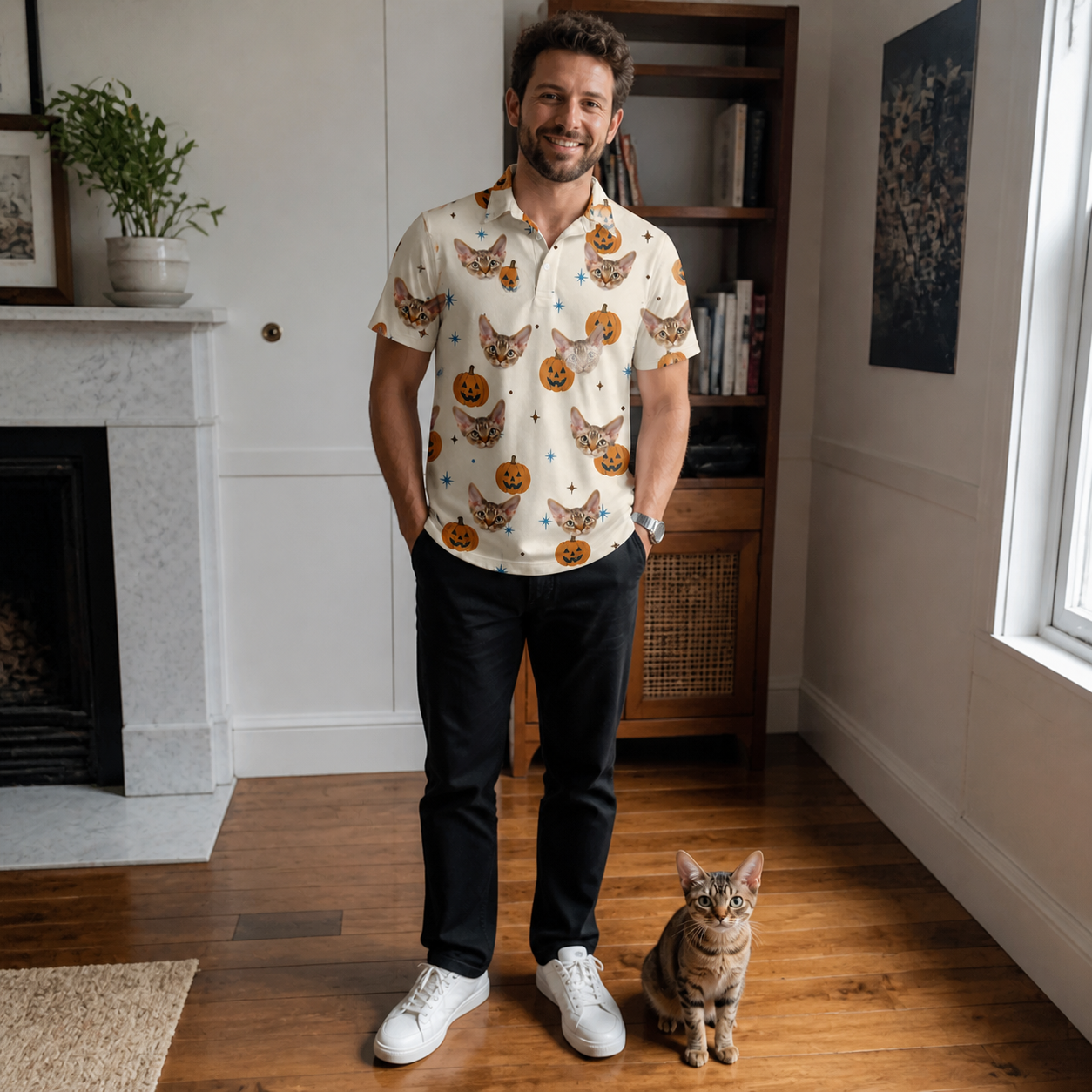 Full-length photo with the pet printed all over this Men's Lantern Laughs Custom Cat Face Polo Shirt