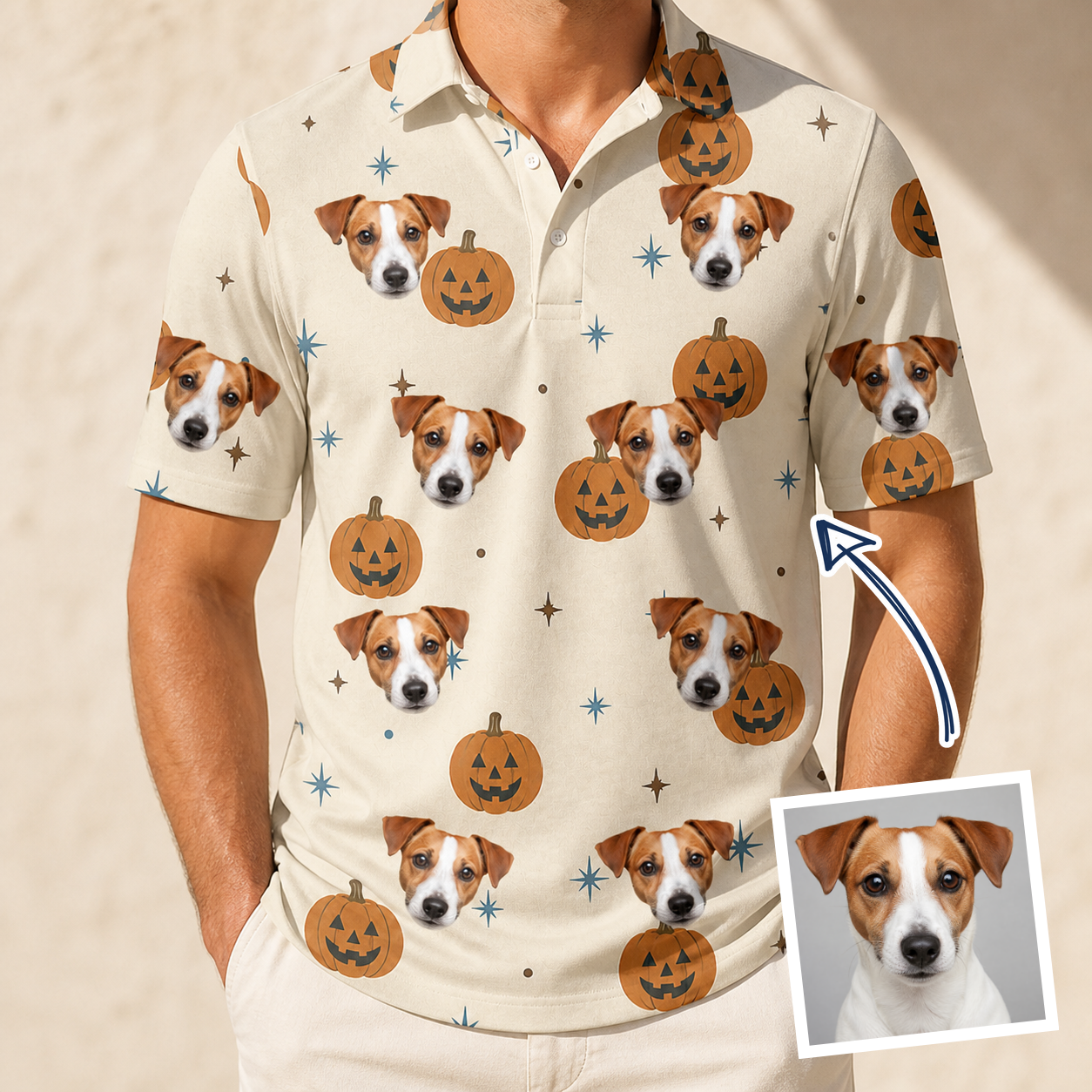 Man wearing Men's Lantern Laughs Custom Dog Face Polo Shirt — custom faces printed all-over