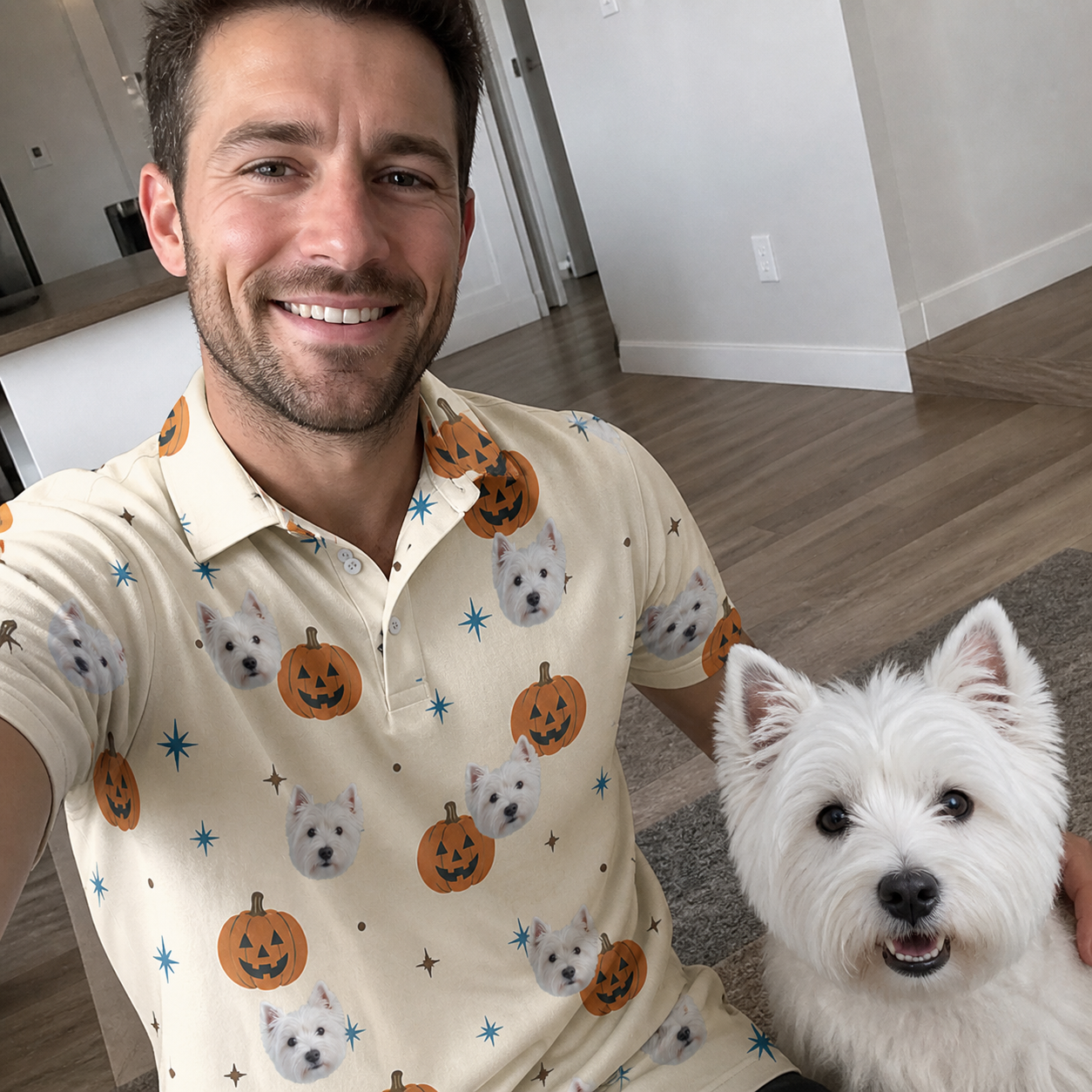 Selfie with the pet whose face is printed all over this Men's Lantern Laughs Custom Dog Face Polo Shirt