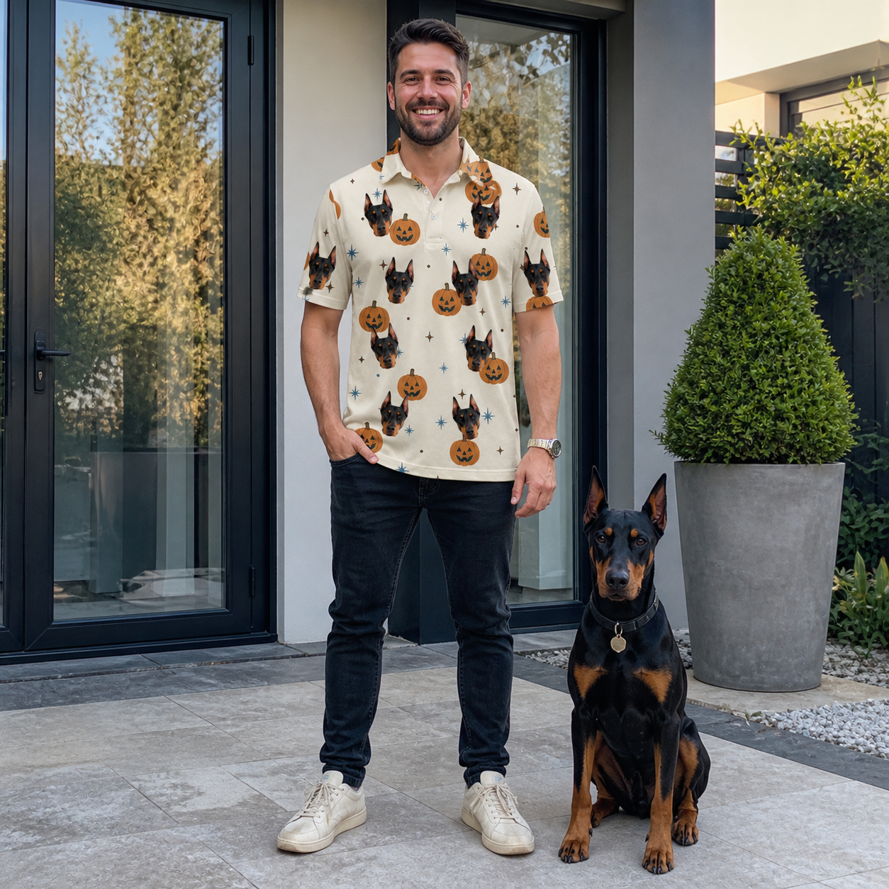 Full-length photo with the pet printed all over this Men's Lantern Laughs Custom Dog Face Polo Shirt