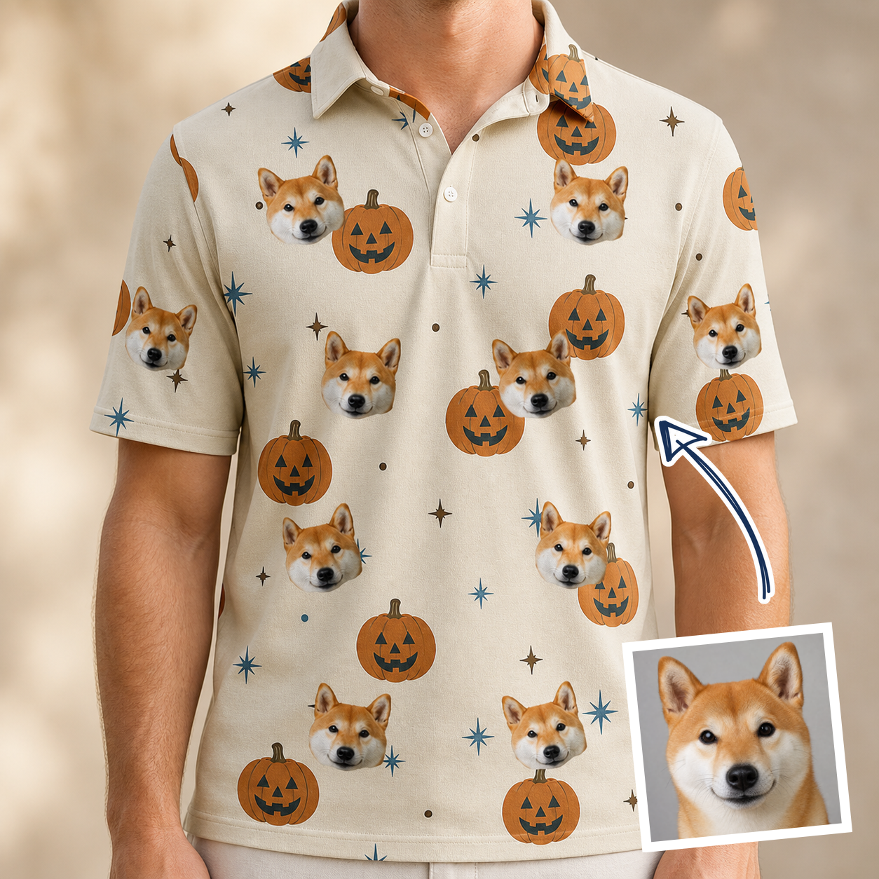 Man wearing Men's Lantern Laughs Custom Dog Face Polo Shirt — custom faces printed all-over