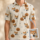 Man wearing Men's Lantern Laughs Custom Dog Face Polo Shirt — custom faces printed all-over