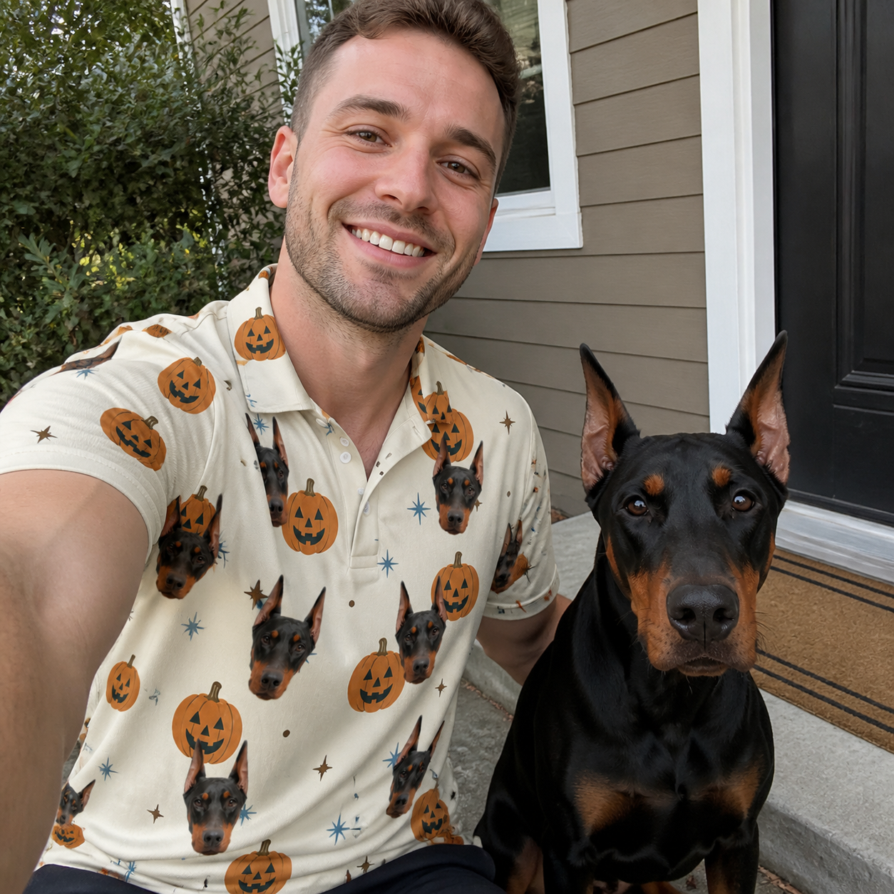 Selfie with the pet whose face is printed all over this Men's Lantern Laughs Custom Dog Face Polo Shirt