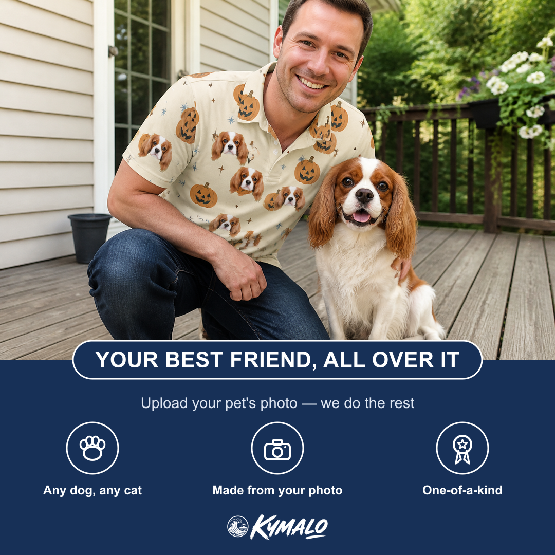 Friends in matching Men's Lantern Laughs Custom Dog Face Polo Shirt — a group gift photo