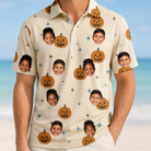 Model wearing Men's Lantern Laughs Custom Face Polo Shirt printed with kids' faces