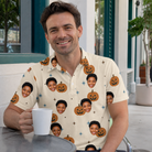 Real-life photo of someone wearing Men's Lantern Laughs Custom Face Polo Shirt — custom faces printed all-over