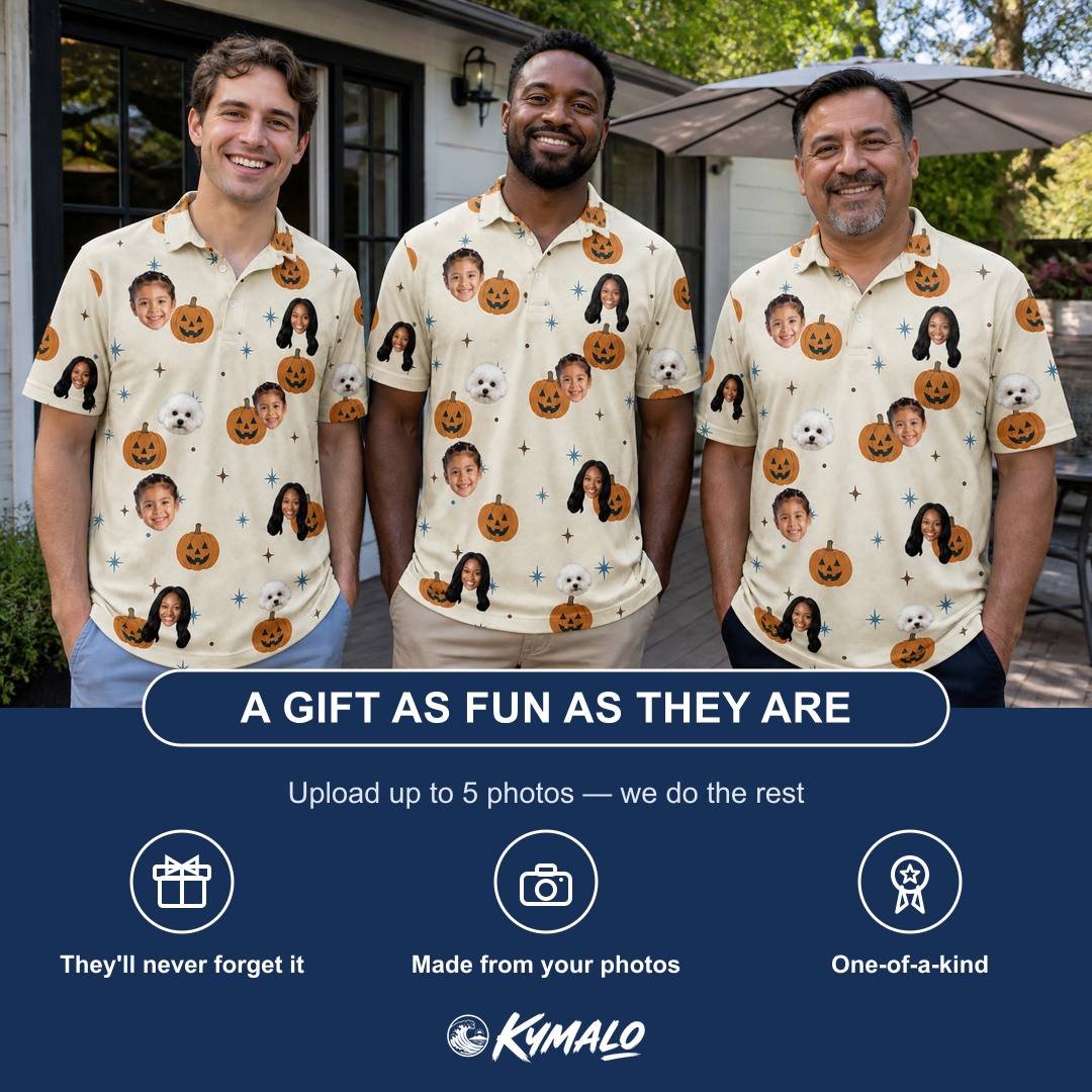 Friends in matching Men's Lantern Laughs Custom Face Polo Shirt — a group gift photo