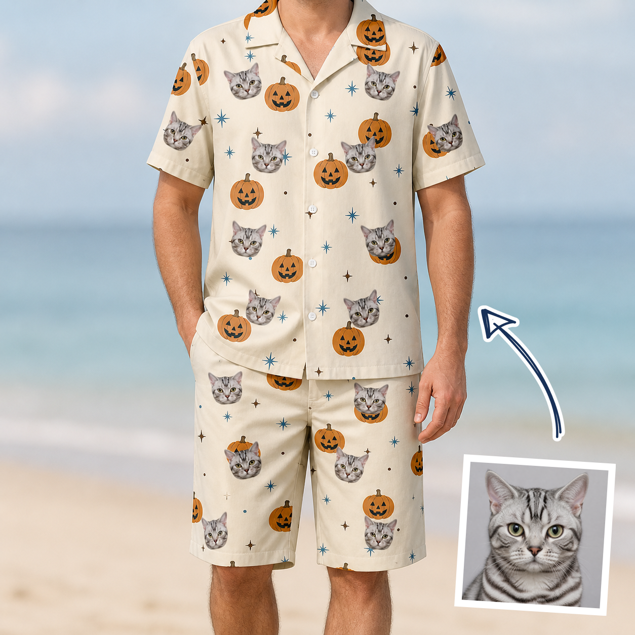 Man wearing Men's Lantern Laughs Custom Cat Face Shirt & Shorts Set — custom faces printed all-over