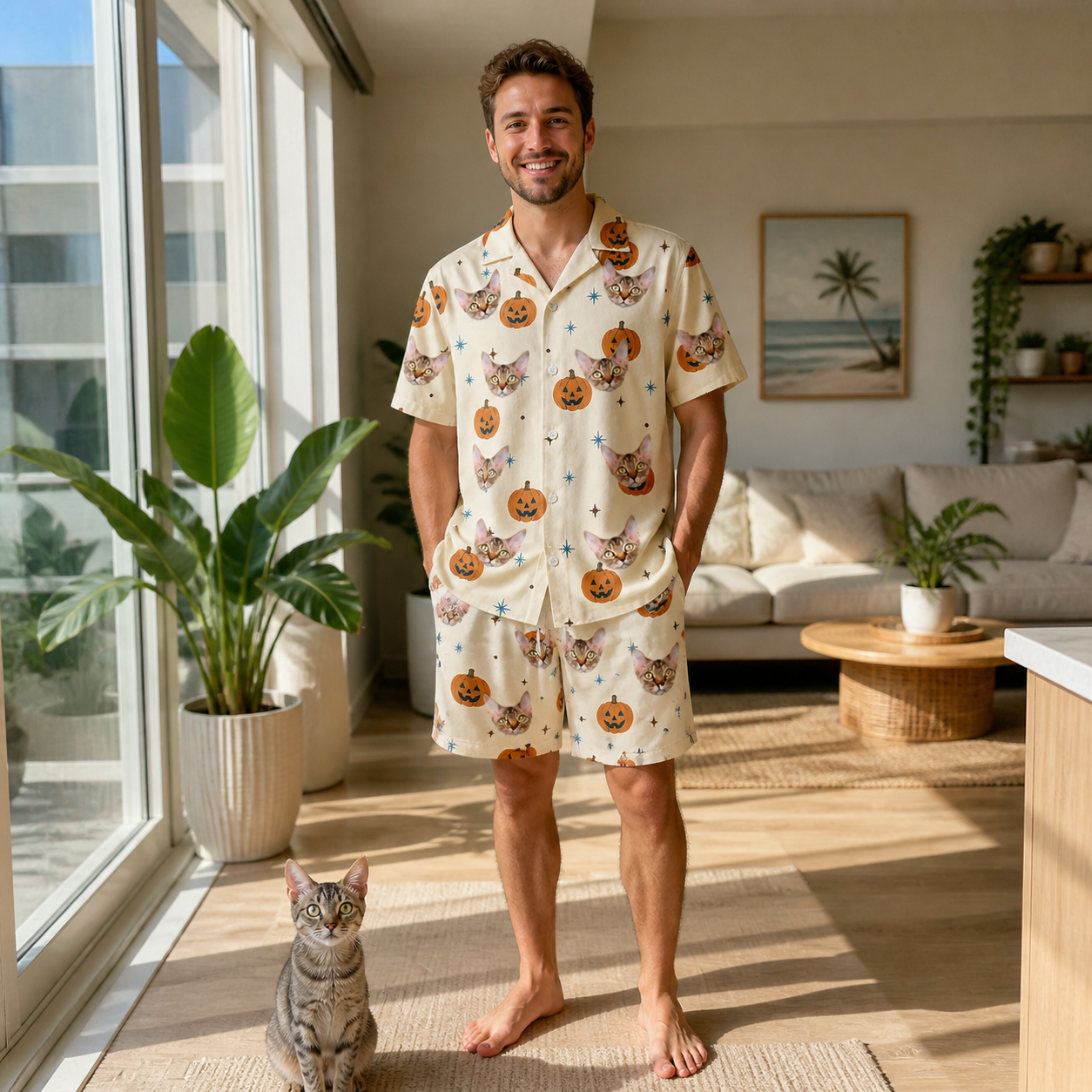 Full-length photo with the pet printed all over this Men's Lantern Laughs Custom Cat Face Shirt & Shorts Set