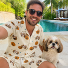 Selfie with the pet whose face is printed all over this Men's Lantern Laughs Custom Dog Face Shirt & Shorts Set