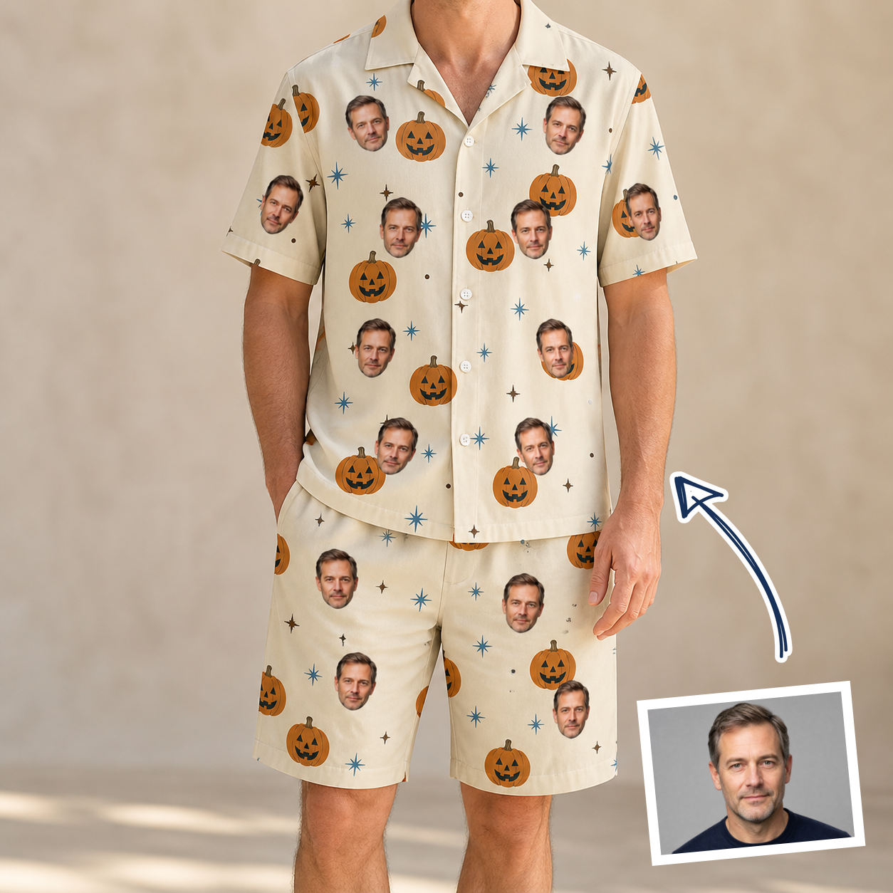 Man wearing Men's Lantern Laughs Custom Face Shirt & Shorts Set — custom faces printed all-over