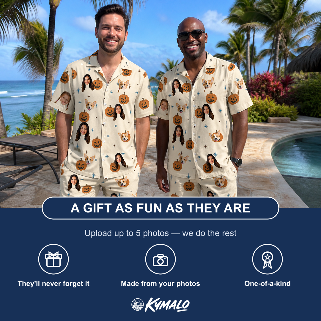 Friends in matching Men's Lantern Laughs Custom Face Shirt & Shorts Set — a group gift photo