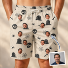 Man wearing Men's Cryptic Crawlies Custom Face Beach Shorts — custom faces printed all-over