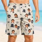 Model wearing Men's Cryptic Crawlies Custom Face Beach Shorts printed with kids' faces