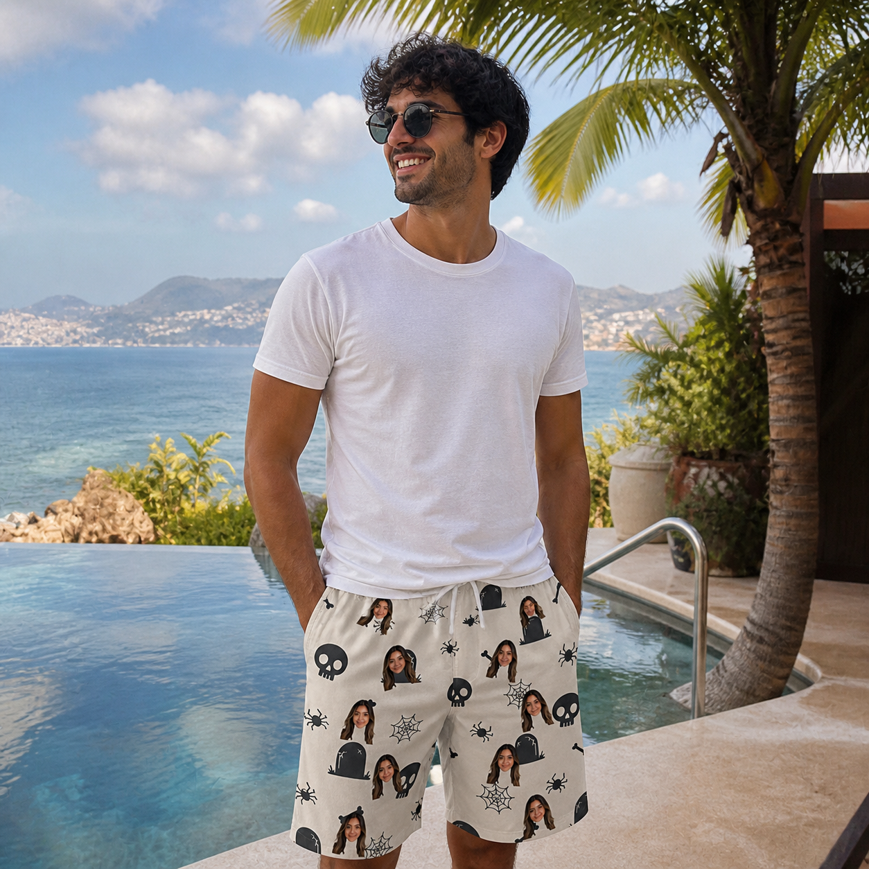 Real-life photo of someone wearing Men's Cryptic Crawlies Custom Face Beach Shorts — custom faces printed all-over