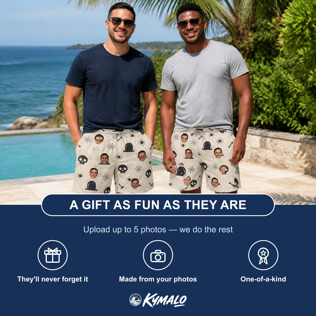 Friends in matching Men's Cryptic Crawlies Custom Face Beach Shorts — a group gift photo