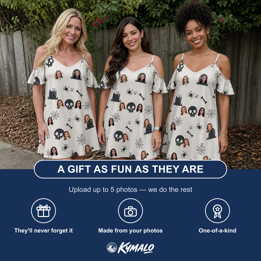 Friends in matching Women's Cryptic Crawlies Custom Face Off-Shoulder Dress — a group gift photo