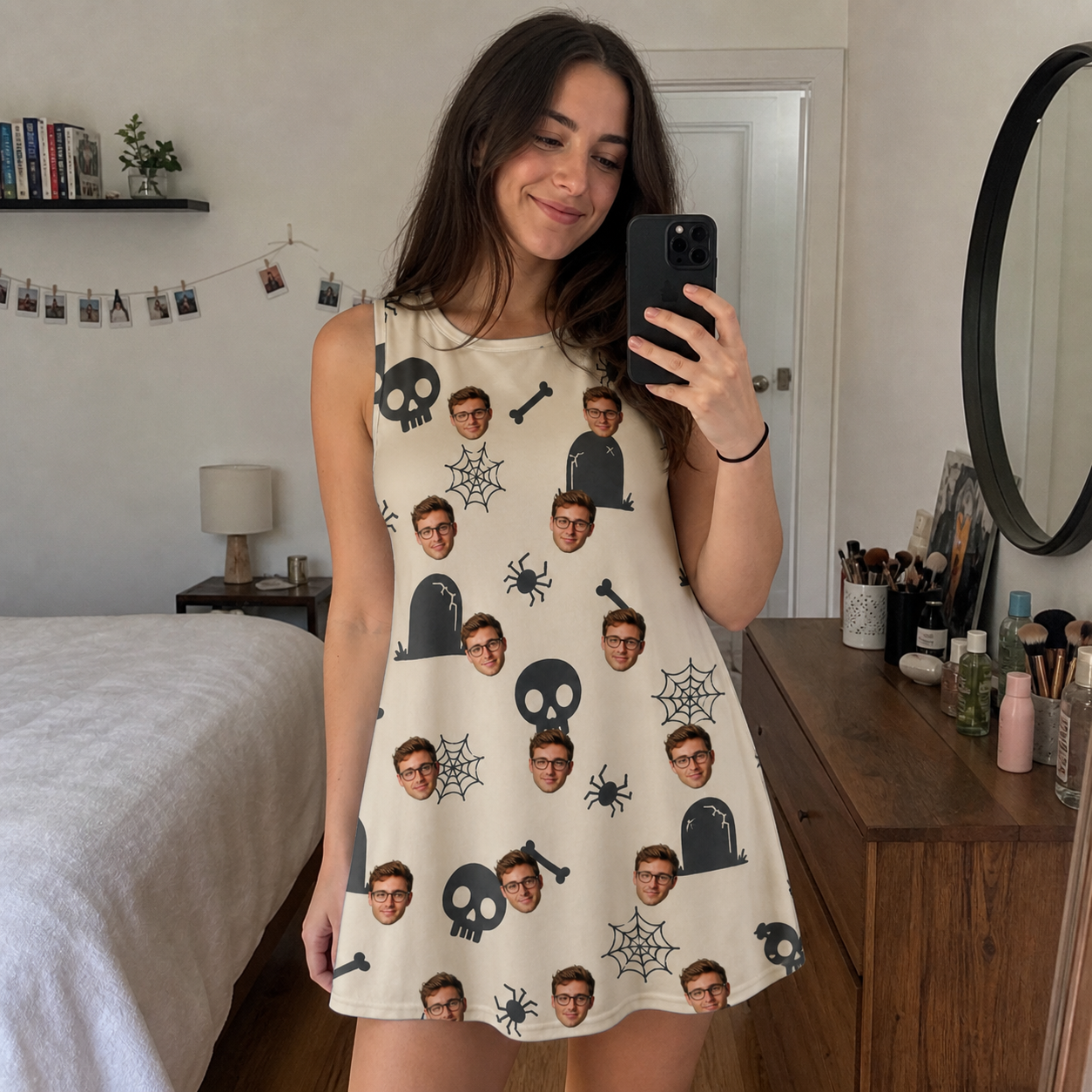 Real-life photo of someone wearing Women's Cryptic Crawlies Custom Face Tank Dress — custom faces printed all-over