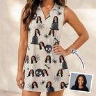 Woman wearing Women's Cryptic Crawlies Custom Face V-Neck Dress — custom faces printed all-over