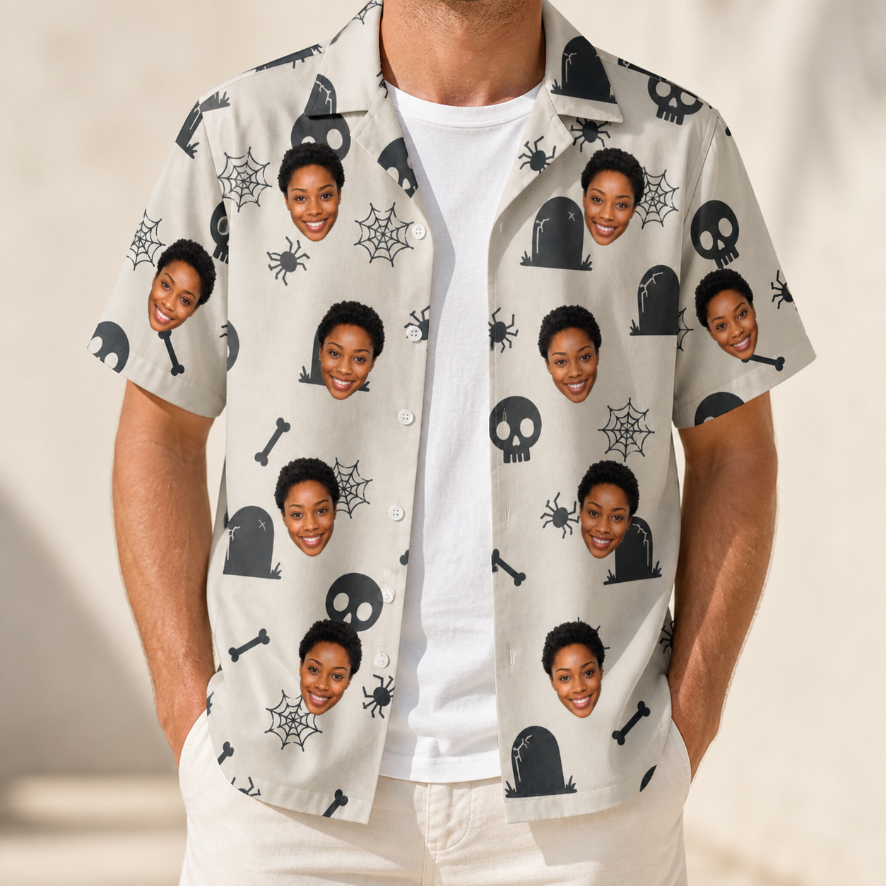 Man wearing Men's Cryptic Crawlies Custom Face Hawaiian Shirt open over a white tee