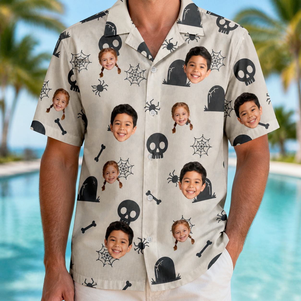Model wearing Men's Cryptic Crawlies Custom Face Hawaiian Shirt printed with kids' faces