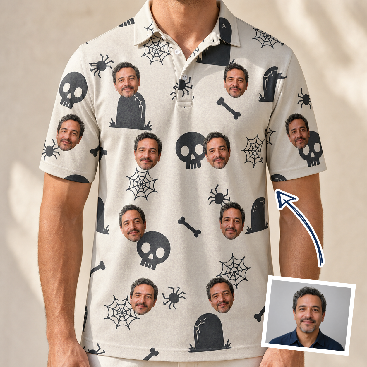Man wearing Men's Cryptic Crawlies Custom Face Polo Shirt — custom faces printed all-over