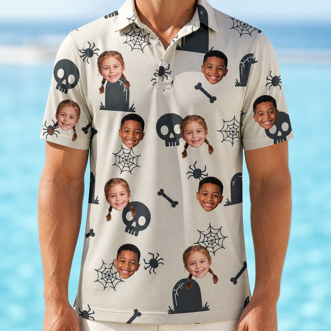 Model wearing Men's Cryptic Crawlies Custom Face Polo Shirt printed with kids' faces
